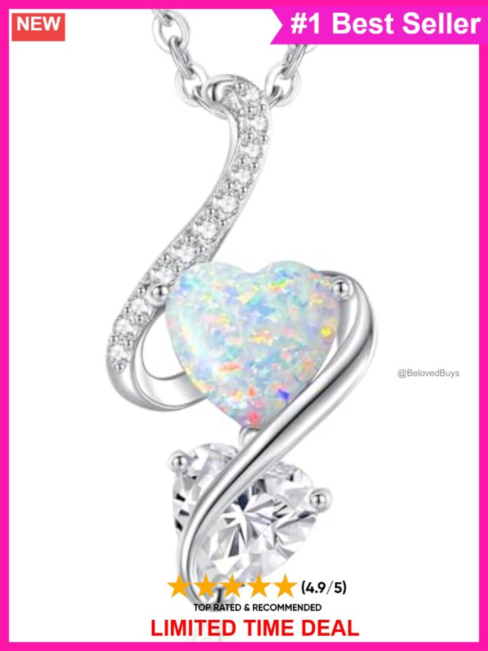 925 Sterling Silver Opal Heart Pendant Necklace Adjustable Chain